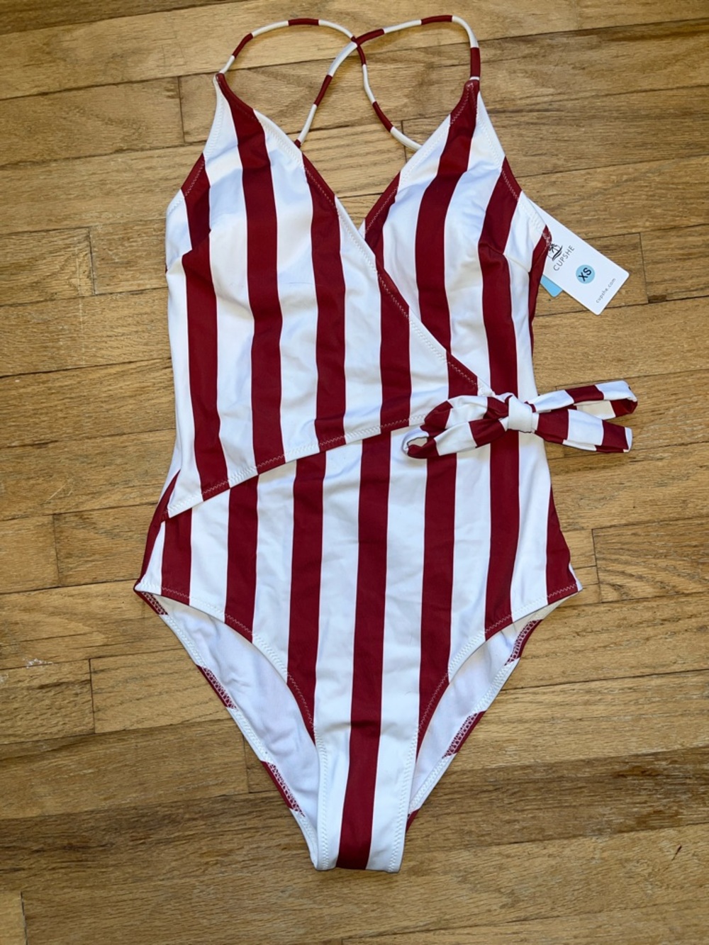 Cupshe Red and White Striped Wrap One-Piece Swimsuit with Side Tie